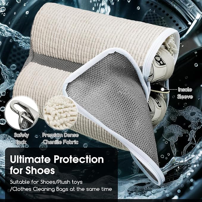 Dual Compartment Shoe Washing Machine Bag for Sneakers, Beige/Gray, 2-Pack | Clasp-Lock Zipper, Reinforced Seams and Bound Edges, Longer & Denser Chenille Strips for 360° Deep Cleaning