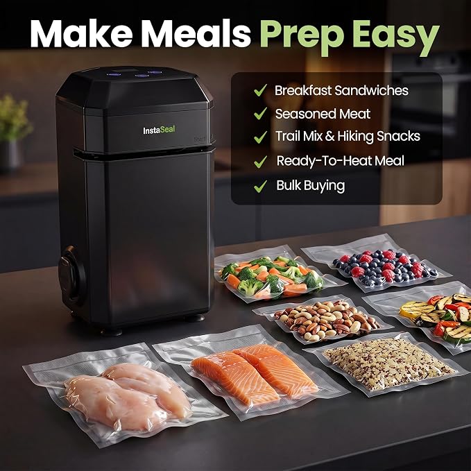 InstaSeal Vacuum Sealer for Food with 12 Bags | Preserves Foods 5x Longer, Space Saving Compact Upright Design Allows Machine to Heat Seal Marinades, Meats, Marinades