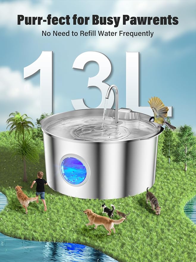 3.4Gal Dog Water Fountain for Large Dogs, Extra Large Stainless Steel Pet Water Fountain, Round Dog Water Bowl Dispenser with Metal Handle, Water Level Window for Multi Pet Home