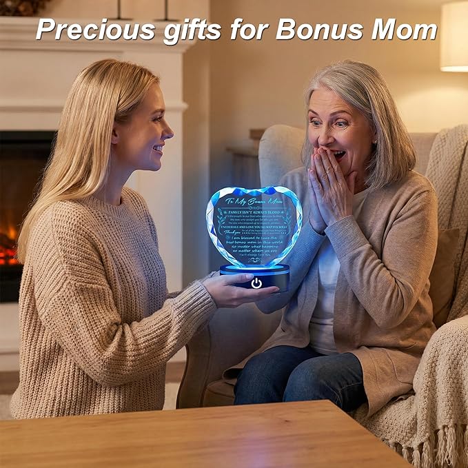 Bonus Mom Gift Ideas from Daughter Son, Gifts for Bonus Mom, Gifts for Step Mom for Valentines Birthday Mothers Day Christmas, Crystal Keepsake with Light Base