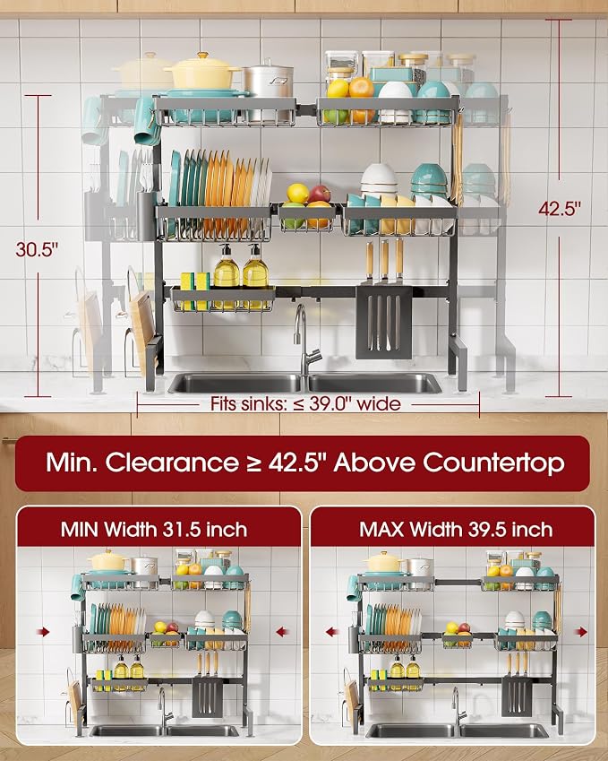 Sakugi Over The Sink Dish Drying Rack - Adjustable 3 Tier XX-Large Capacity Stainless Steel Drainer with Cutlery & Utensil Holders, Kitchen Storage & Organization, 31.5"-39.5"L x 12"W x 30.5"H, Gray