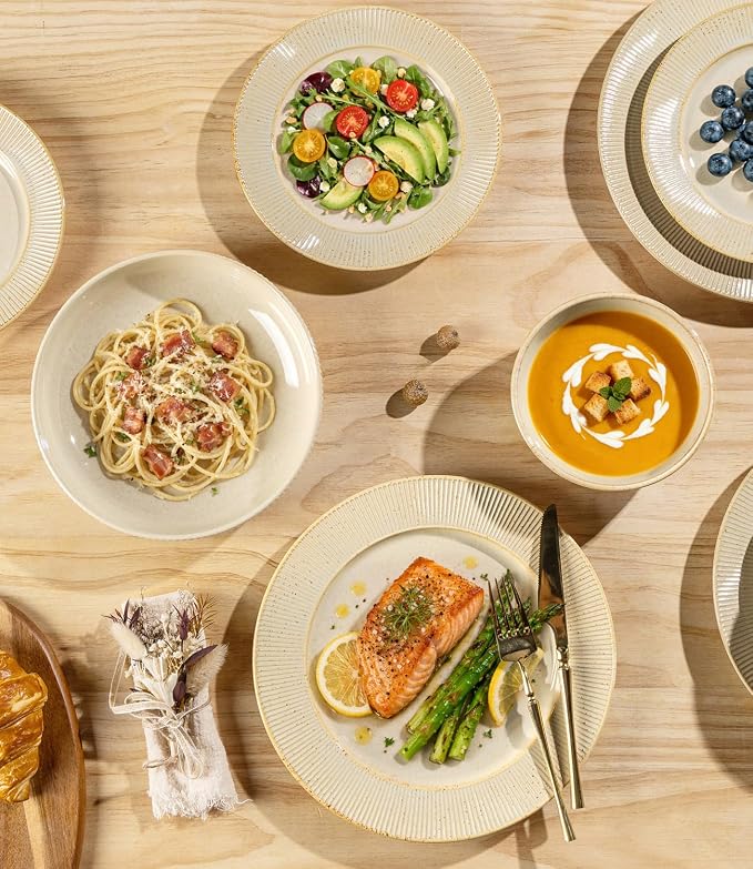 TheTerra Ceramic Dinnerware Sets for 4, 12 Pieces Porcelain Lightweight Plates and Bowls Sets, Scratch Resistant Dish Set, Oven, Microwave & Dishwasher Safe, Cream Latte