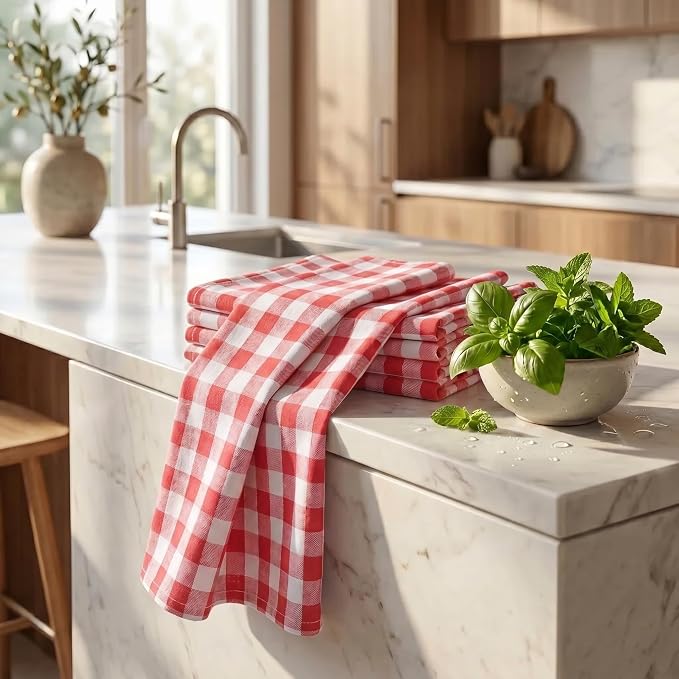 Urban Villa Kitchen Towels 100% Cotton Dish Towels for Kitchen (Set of 6) 20”x30” Dish Cloths Highly Absorbent Kitchen Linen Set with Hanging Loop Perfect for Drying Dishes Cleaning – Red White