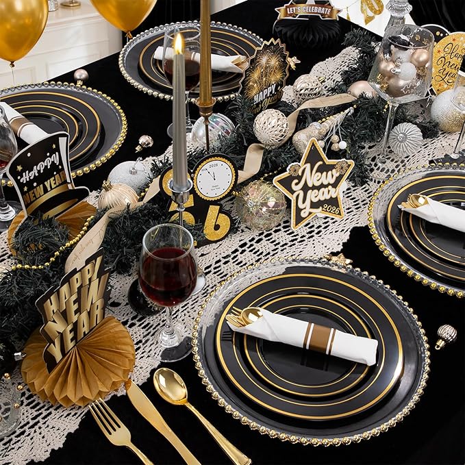 350 Pieces Black and Gold Plastic Plates with Disposable Silverware, Include 50 Dinner Plates 9”, 50 Dessert Plates 6.3”, 50 Black Cups 9 OZ, 50 Pre Rolled Napkins for New Year (Pack of 2)