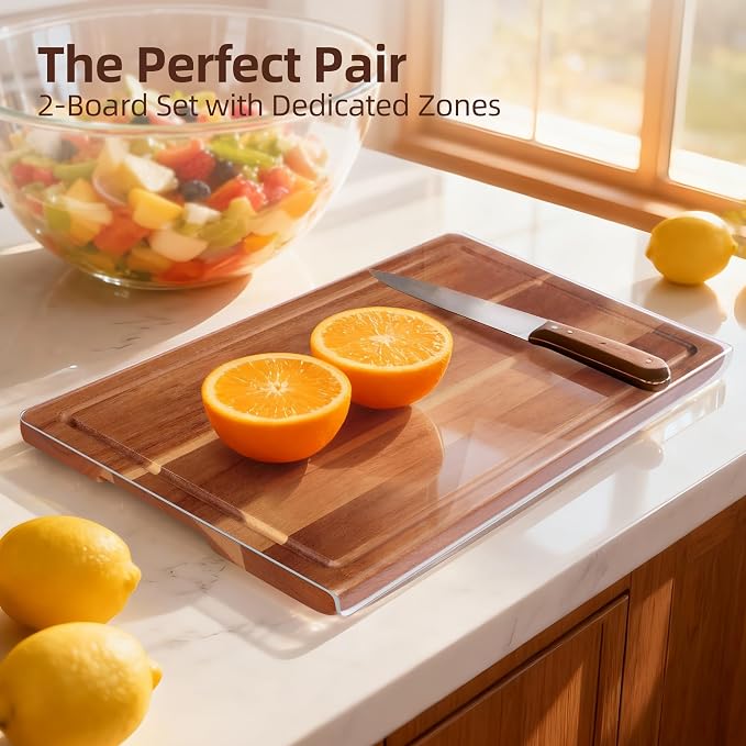 Acrylic Cutting Board and Acacia Wood Cutting Board Set - 2-Piece Cutting Boards for Kitchen, Acrylic Cooking Board with Counter Lip & Wooden Chopping Boards with Juice Groove