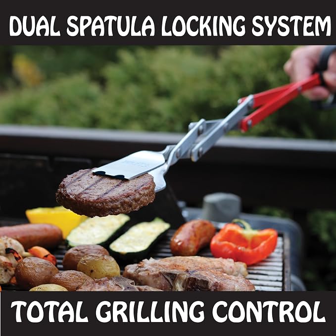 3-in-1 Barbecue Tool 26-inch Extra Light and Super Long Heavy Duty Tongs, Spatula and Grill Scraper (Red) – Longest BBQ Tool Ever!