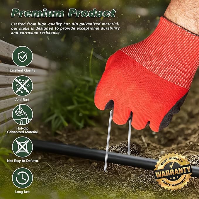 Landscape Staples 6 Inch 100 Pack Kit, Heavy Duty 11 Gauge Hot-Dip Galvanized Garden Stakes with 100 Gaskets & 1 Pick Hook for Weed Barrier, Landscape Fabric, Sod, Turf & Garden Edging
