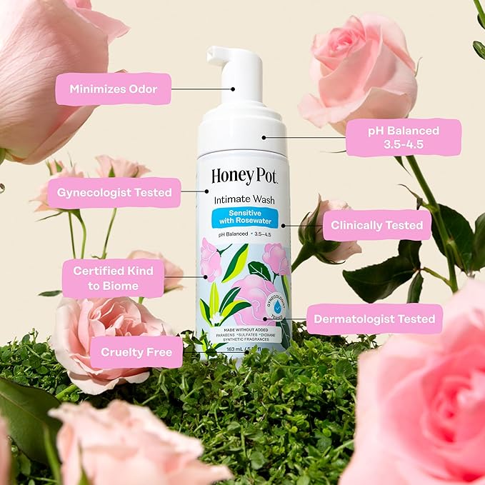 The Honey Pot Company - Feminine Wash - Sensitive w/Rosewater - pH Balanced, Herbal Infused Plant-Based Feminine Care for Sensitive Skin - Daily Intimate Cleanser for Women - 5.51 Fl Oz
