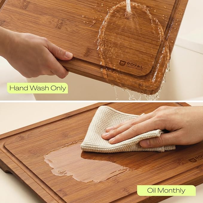 ROYAL CRAFT WOOD Wooden Cutting Boards for Kitchen Meal Prep & Serving - Bamboo Non Toxic Cutting Board Set with Deep Juice Groove Side Handles - Charcuterie & Chopping Butcher Block for Meat (3 Pcs)