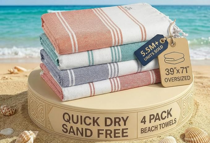 LANE LINEN 4 Pack Beach Towels, Oversized, Pre-Washed, Quick Dry - Multi | Sand Free, Lightweight & Absorbent Travel Towels - Extra Large Pool/Bath Towel - Vacation Essential, Machine Washable, Soft