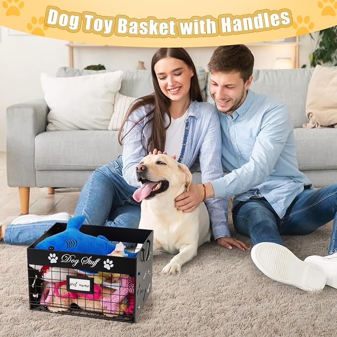 Bfttlity Dog Toy Bin Metal Basket Box for Storage Dogs Toys, Black | Dog Toy Basket with Handles for Living Room Storage Dogs Chew Pets Toys, Blankets, Clothes, Food