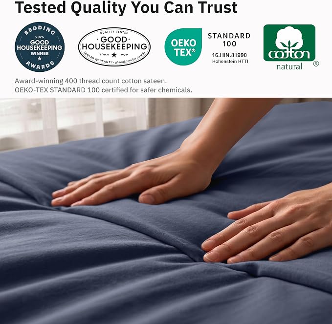 California Design Den 3 Pc King Duvet Cover Set - Winner Good Housekeeping Best Bedding Awards 2025, 400 Thread Count Sateen, 100% Cotton Duvet Cover, Button Closure, Corner Ties - Indigo Dusty Blue