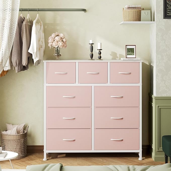 OLIXIS 9 Drawer Storage Dresser with Wood Top - Wide Fabric Chest Organizer for Bedroom, Closet, Living Room,Tower Cabinet, TV Stand, Hallway Entryway Furniture,Pink