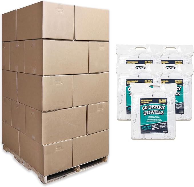 Arkwright TT60 Terry Cloth Rags Bulk, Pallet of 7500, 100% Cotton Cleaning Towels for Kitchen, Auto Shop and Bar Use, Absorbent Machine Washable, 14 x 17 in, White