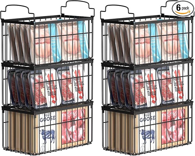 Freezer Organizer Bins, 6 Pack Big Baskets for 5/ 7 Cu.FT Deep Freezer | Stackable Chest Freezer Organizer Bins, Foldable Baskets with Handles, Black Storage Container Baskets for Sort Frozen Meats