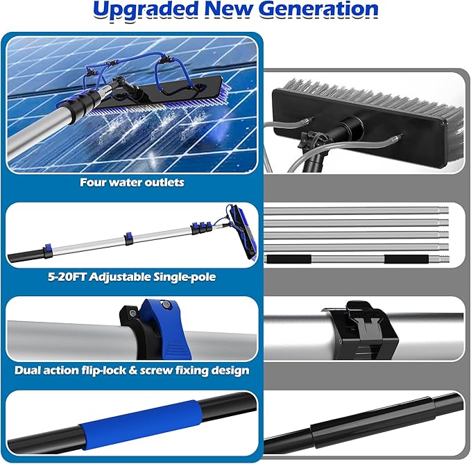 5-20FT Solar Panel Cleaning Brush Kit - Telescopic Pole with Dual Action Flip-Lock & Screw Fixing, Water Flow & Soap Dispenser, Ideal for Snow Removal, Windows, Boats, RVs, Decks