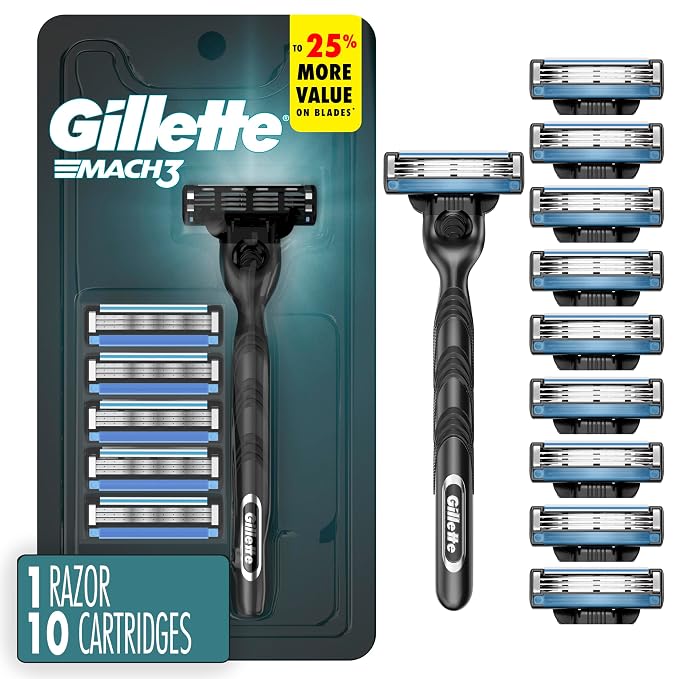 Gillette Mach3 Shaving Razor for Men, 1 Razor Gillette 3-Blade Handle for Men’s Grooming, 10 Razor Blade Refills, Lubrication Strip