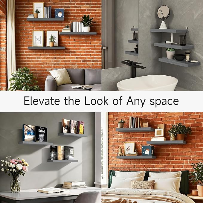 BAYKA Grey Floating Shelves for Wall, Set of 3, Wall Mounted Rustic Wood Shelves for Bathroom, Bedroom, Living Room, Kitchen, Small Hanging Shelf for Books/Storage/Room Decor, 15.7in