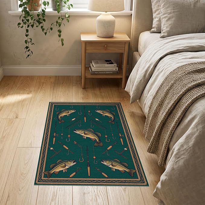 2'x3' Washable Area Rug Bass Sportsman Lure Lake Angler Tackle Motifs Motif Fish Fishing Refined Non-Slip Low Profile for Hallway, Study Room, Playroom