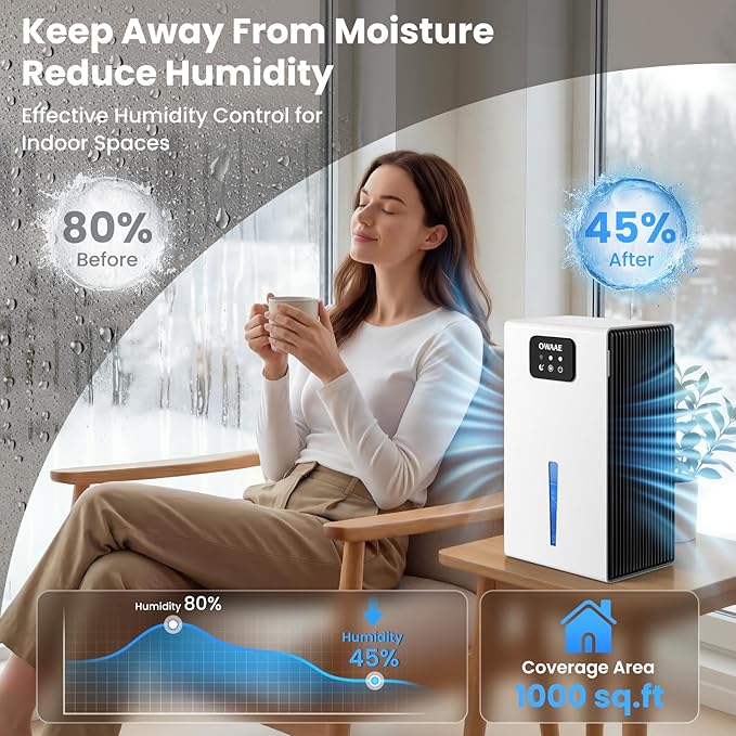 Dehumidifier, 1000 sq.ft Quiet Dehumidifiers for Home Bedroom Bathroom Basement with 95oz Water Tank, Sleep Mode, Auto Shut-Off 7 Colors LED Light, White