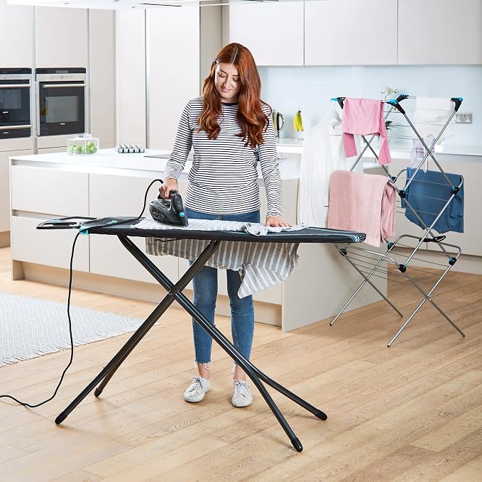 Minky Ergo Prozone Ironing Board | Made in UK | Dual Iron Rest, Heat Reflective Cover, Thick Felt Underlay - Freestanding Ironing Board with Large 48" x 15" Ironing Surface (Gunmetal and Blue)
