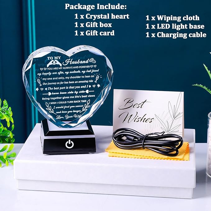 YWHL Gifts for Husband from Wife with Colorful LED Base Anniversary Birthday Gifts for Husband to My Husband Crystal Heart keepsake I Love You Gifts for Him on Valentine Christmas Fathers Day