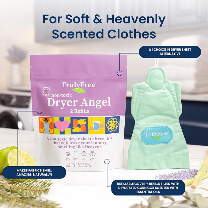 Truly Free Dryer Angel - Natural Dryer Sheet Alternative, Non-Toxic Reusable Fabric Softener Sheets and Scent Booster, Safe for Babies and Sensitive Skin - 1 Empty Reusable Scent Boost Pouch + 2 Fills