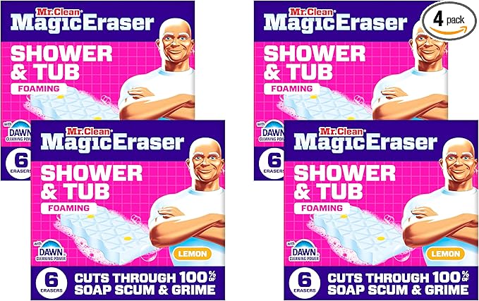 Mr. Clean Magic Eraser Sponge, Bathroom, Shower, Tub Cleaner, Soap Scum Remover, Bathroom Cleaning Supplies, Dawn Cleaning Power with Lemon Scent, Shower & Tub, 6ct (Pack of 4)