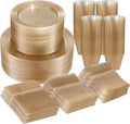 BESTVIP 600PCS Gold Glitter Dinnerware Set for 100 Guests, Plastic Plates for Party, 100 Gold Disposable Plates, 100 Dessert Plates, 100 Cups, 100 Spoons, 100 Forks and 100 Knives