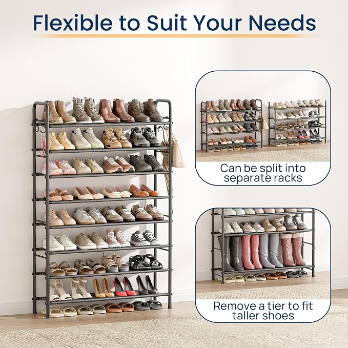 ENJOYBASICS 8 Tier Shoe Rack Garage Storage, Tall Metal Shoes Shelf, Black | Free Standing Shoe Holder for 36 Pairs, Sturdy Heavy Duty Shoe Organizer for Walk-in Closet, Guest Room, Garage, Entryway