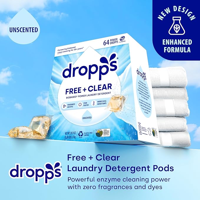 Dropps Free & Clear Laundry Detergent Pods (64 Count) - Unscented liquid Pods | Fights Odors & Stains | Free of Dyes Parabens & Perfumes | Hypoallergenic | Clean Ingredients | Plastic Free Packaging