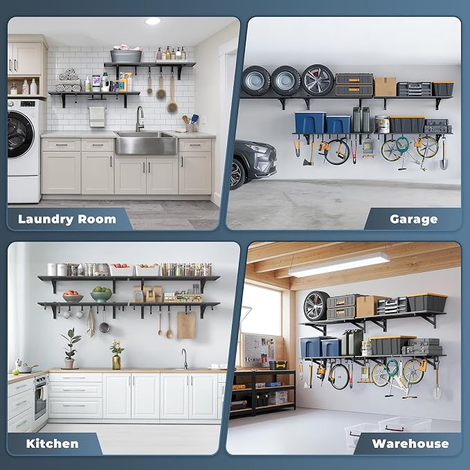 Jusgym 2-Pack 1.5x4ft Garage Shelving Wall Mounted, 1.5' x 4' Heavy Duty Garage Storage Shelves with Hooks, 500LB Capacity