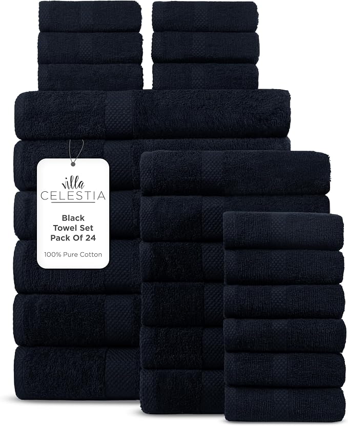 Villa Celestia 24-Piece 100% Cotton Towel Set, 6 Bath Towels, 6 Hand Towels, 12 Wash Cloth, Quick-Dry, Black