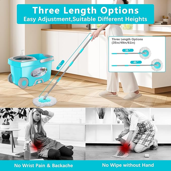 FunClean Spin Mop and Bucket for Home Cleaning, 360° Rotating Floor Mop with Wringer, Adjustable 61" Handle for Back Pain Relief, 6 Microfiber Replacement Heads, 2 Easy-Move Wheels - Blue