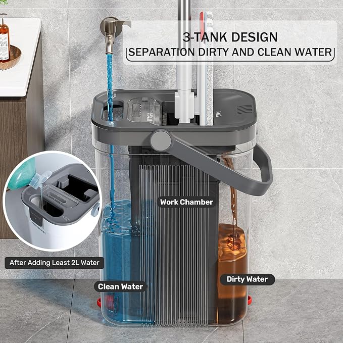 HoMettler Mop and Bucket Set, 3-Tank Flat Mop and Bucket System for Separate Dirty & Clean Water, 65" Mops for Floor Cleaning with 4 Washable Pads, Safe for Hardwood, Vinyl, Tile, Baseboards, Walls