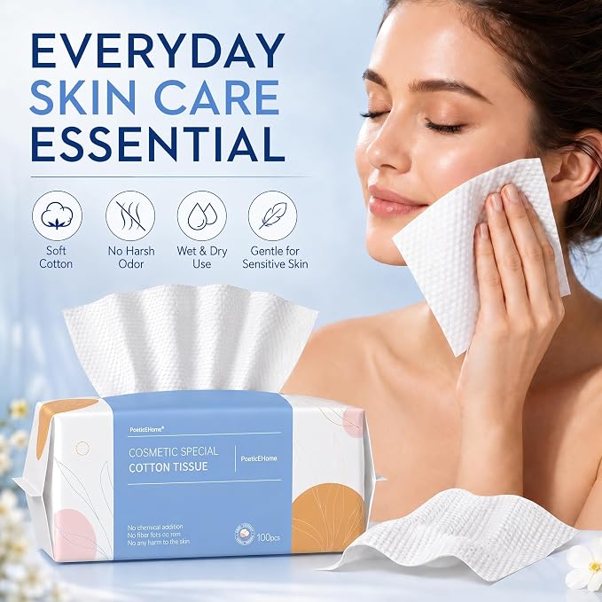 PoeticEHome Face Towel Disposable - Ultra Soft Cotton Tissue Dry Wipes - Lint Free Facial Cleansing Cloths