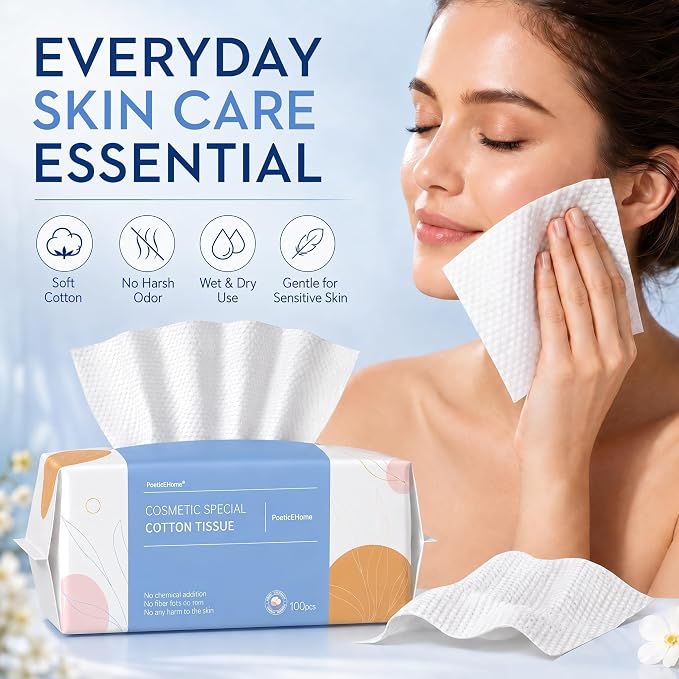 PoeticEHome Soft Dry Wipe 6 Pack, 100% Cotton Face Tissues, Lint Free Facial Cleansing Towels Disposable, Extra Thick Dry and Wet Use for Sensitive Skin, Makeup Removing, Surface Cleaning (600 Count)