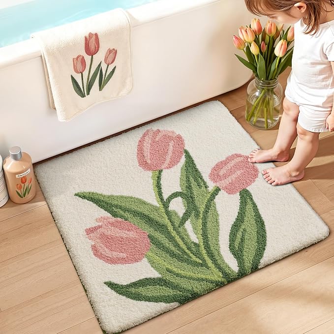 LUMI Bathroom Rugs Cute Tulip, Soft Absorbent Square Bath Mat Non-Slip, Machine Washable Quick Dry Beige Luxury Rug Flower for Kids Room, Bathtub, Home Decor, 32"x32"