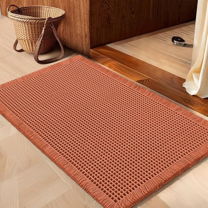 IM HOME Waffle Bath Mat Burnt Orange 32"x20", Boho Woven Modern Bath Mat Rugs, Absorbent Non Slip Bathroom Rugs, Soft Washable Bath Rugs with Tassels for Bedroom, Kitchen, Shower, Tub