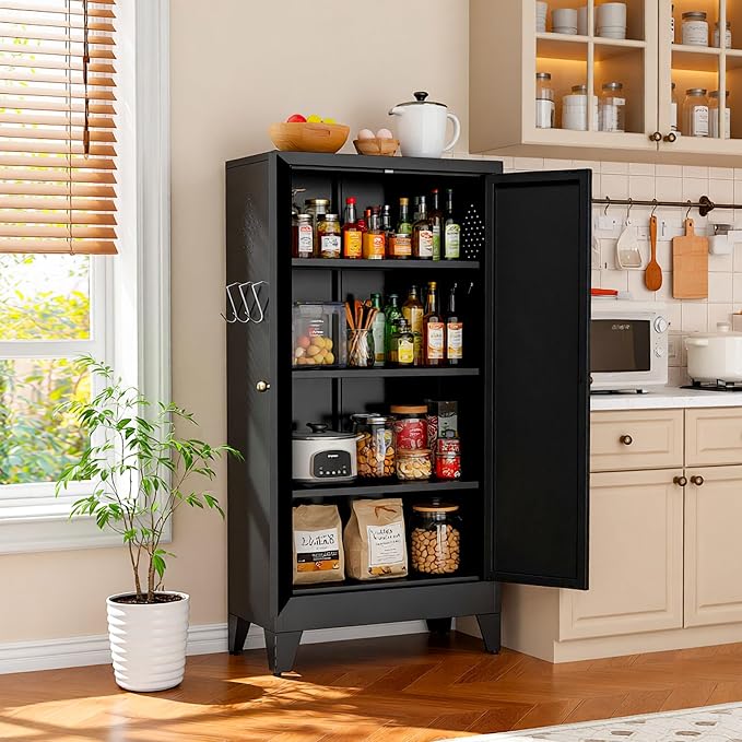 AQY Metal Pantry Cabinet, Black Kitchen Storage Cabinet with Doors | Adjustable Shelves Freestanding Storage Metal Cabinet Kitchen, Dining & Bathroom Organization