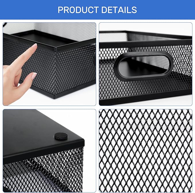 Neudeco Desk Drawer Organizer, 4 Pack Metal Mesh Drawer Organizer Set with Adjustable Dividers, Stackable Pen Organizer for Desk Drawer, Office Supplies Organizer, Black