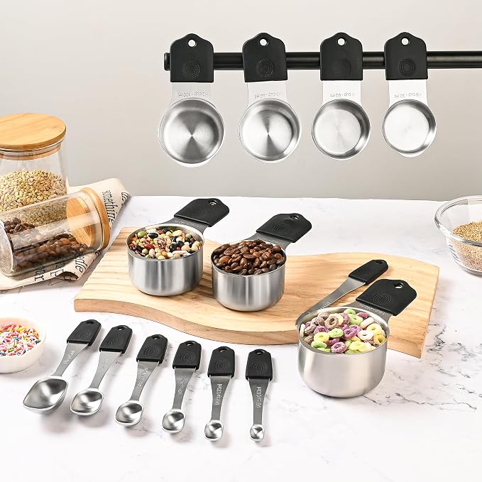 Magnetic Measuring Cups & Spoons Set 15, Stainless Steel Measuring Cups and Spoons Set, Heavy Duty Metal Measuring Cup & Spoon with Leveler & Measure Equivalents for Cooking & Baking