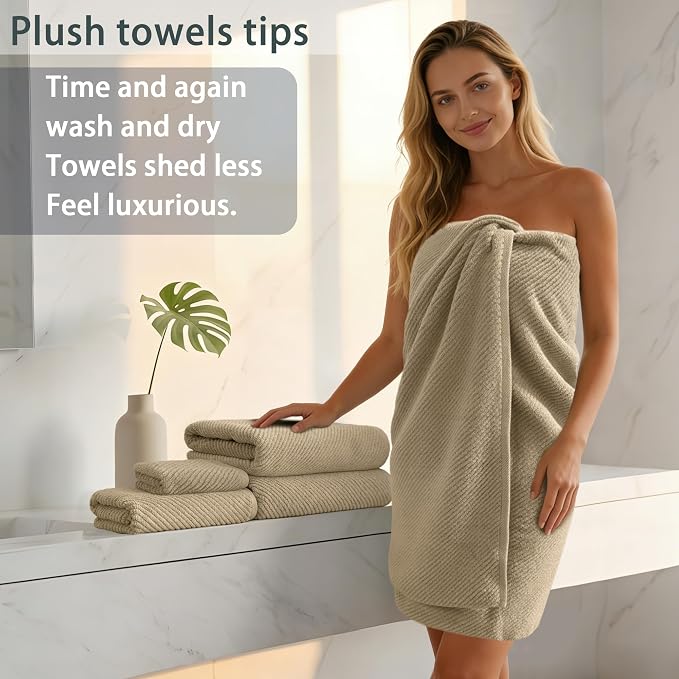 VOOVA & MOVAS 6PC Towel Set, 100% Cotton, Beige Tan | 2 Large Bath 30x56 In, 2 Hand 18x28 In, 2 Washcloths 13x13 In, Quick Dry, Thick, Soft, Towel Gift Set