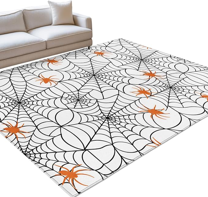 Area Rug 3'x5', Halloween Washable Large Area Rugs for Kitchen Bedroom Laundry Bathroom Office, Black Net Classic Spiders Gingham Orange Non Slip Door Mat Indoor Entryway Floor Accent Throw Carpet