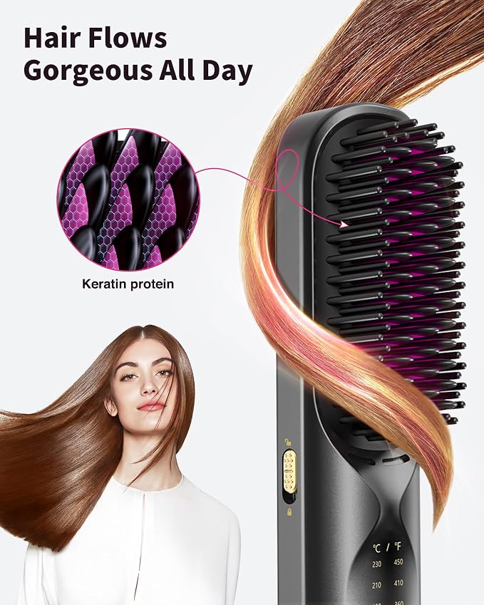 Bopcal Cordless Hair Straightener Brush, Upgraded Rechargeable Portable Hair Straightening Brush for Travel, 300M Anti-Frizz Negative Ions Straightening Comb, 30s Fast Heating, for Women & Men