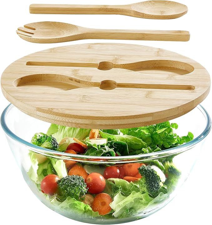 Glass Salad Bowl With Lid, 4.7 Quart Large Glass Mixing Bowls Serving Bowls With Bamboo Utensils, 10.7Inch Trifle Bowl for Salad, Pasta, Dessert Display Cake, Microwave Safe