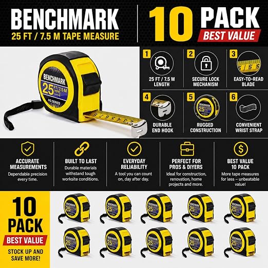 10 Pack - Tape Measures 25ft / 7.5m – Inch & Centimeter Marks. Rugged Outer Shell with Easy Grip Design - High Visibility Steel Tape - Thumb Lock - Autowind - Belt Clip – Retractable Measuring Tape