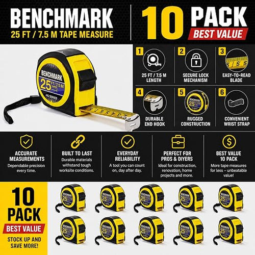 10 Pack - Tape Measures 25ft / 7.5m – Inch & Centimeter Marks. Rugged Outer Shell with Easy Grip Design - High Visibility Steel Tape - Thumb Lock - Autowind - Belt Clip – Retractable Measuring Tape