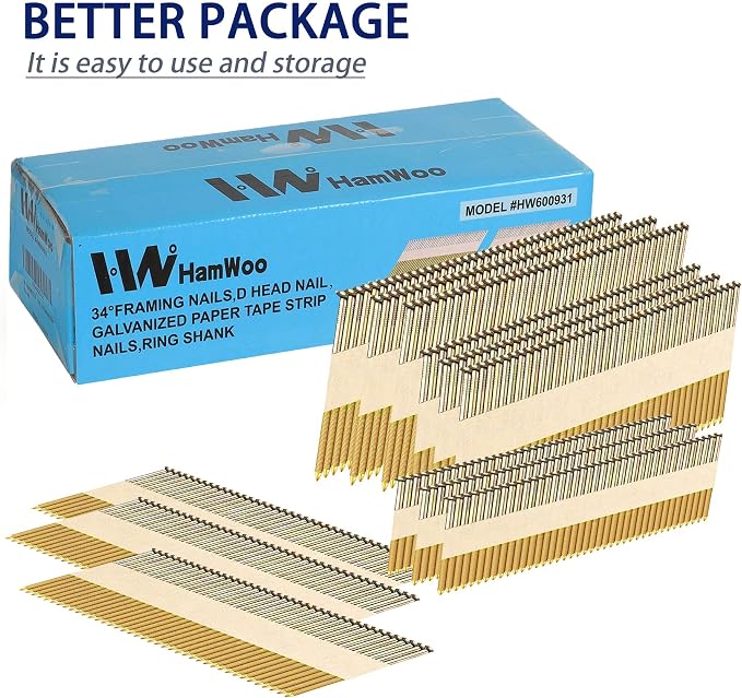 HW HAMWOO 34°Framing Nails,Ring Shank,2",2-1/2",3",3-1/2":480Pcs | Galvanized Nails,D Head Nail Pack,Paper Tape Strip Nails,Ring Shank,for 30 to 34 Degree Framing Nailer