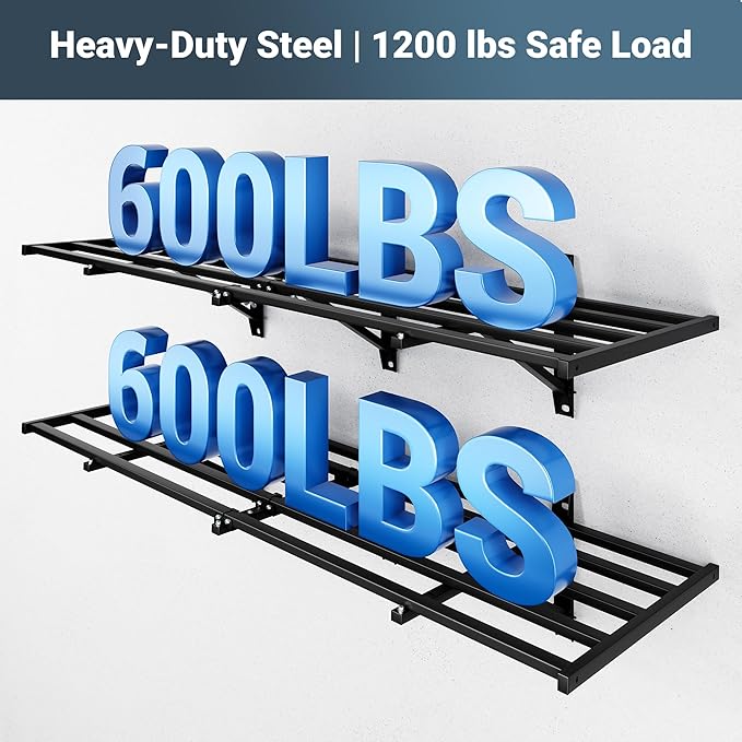 FLEXIMOUNTS 2-Pack 2x6ft Heavy Duty Garage Wall Shelving, 1200lbs Capacity, Garage Shelving Wall Mounted with 8 Hooks, Storage for Power Tools, Garden Supplies, Storage Bins, Lite Series